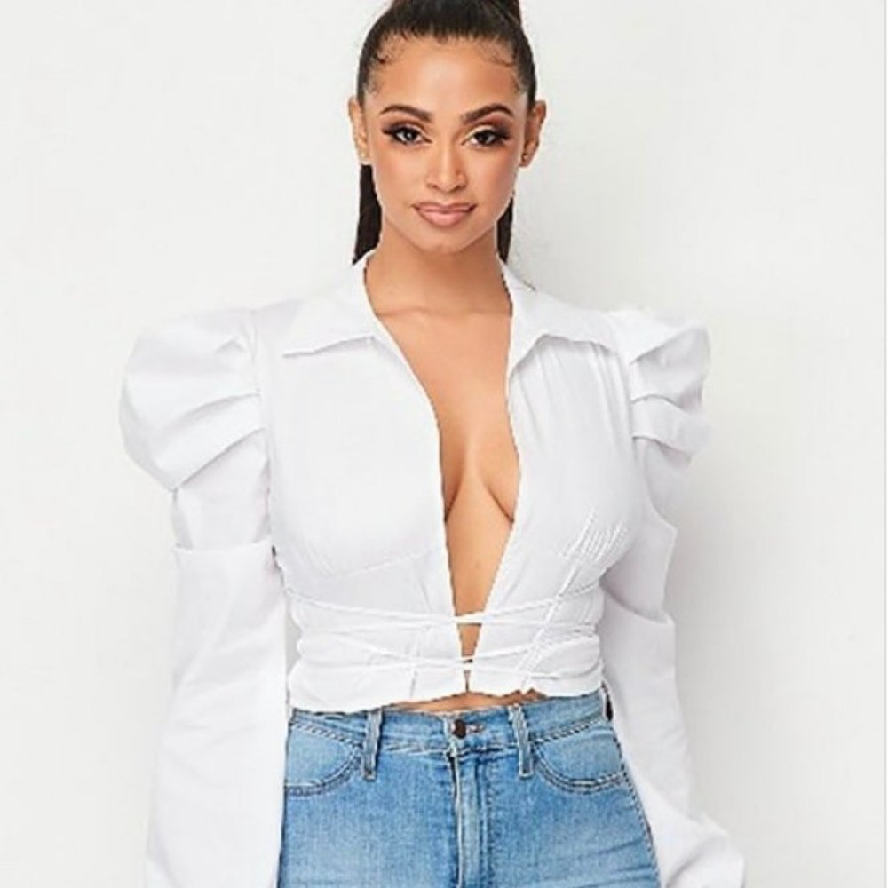 White Long Sleeve Puff Top- Just Pretty LLC